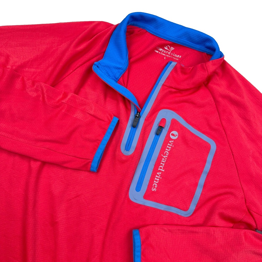 Vineyard Vines Sweater Men Large Red Blue Pullover Performance 1/4 Zip Golf *